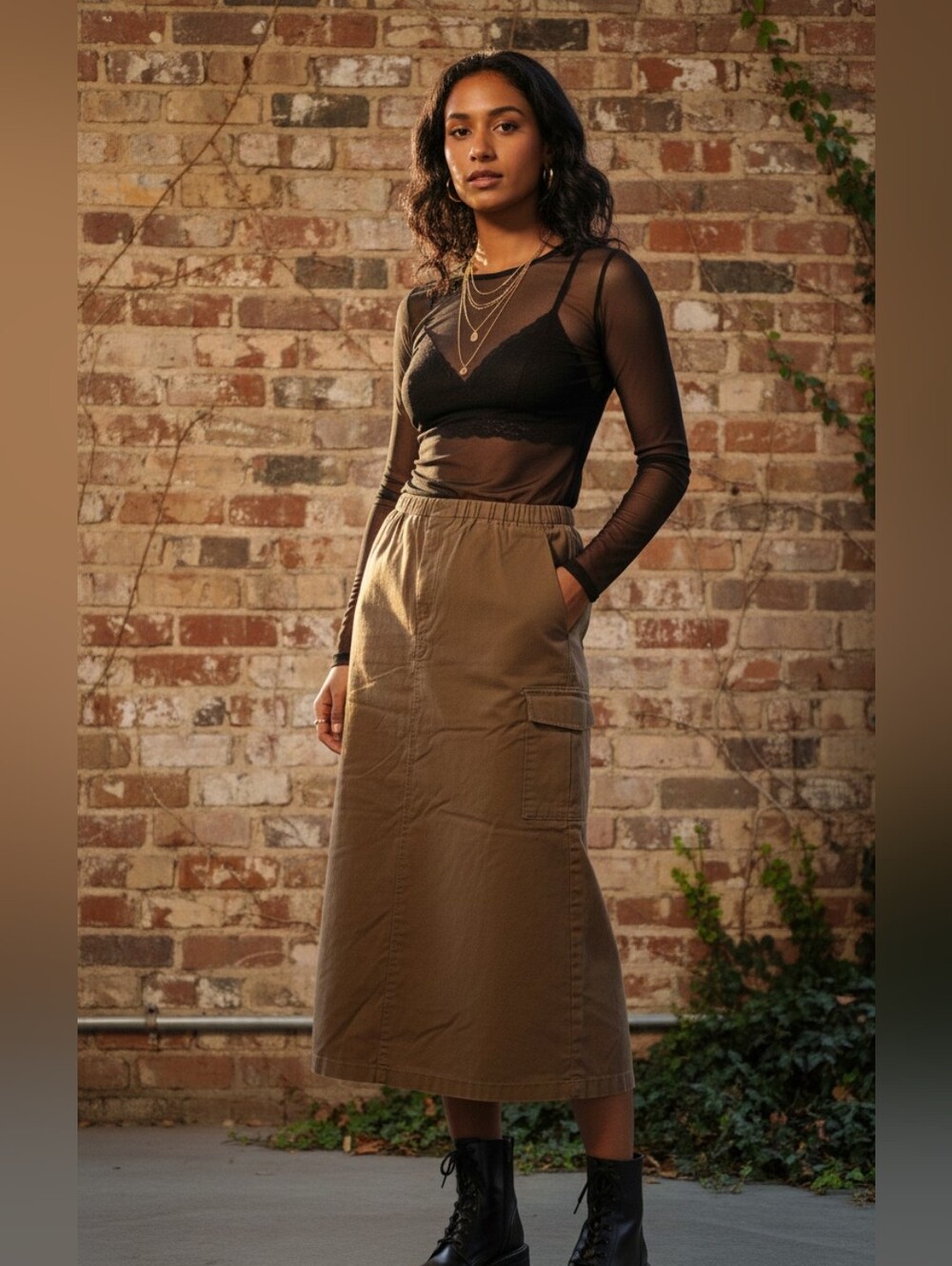 Eddie Bauer Brown Utility Cargo Maxi Skirt w Elastic Waist Cotton Blend Sz XS